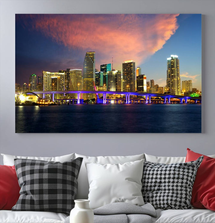 The modern living room is enhanced by the "Miami City Wall Art Canvas Print," a stunning triptych portraying a city skyline at sunset. These canvases are gallery wrapped and made from museum-quality materials, featuring a UV-protective coating to ensure lasting vibrancy.