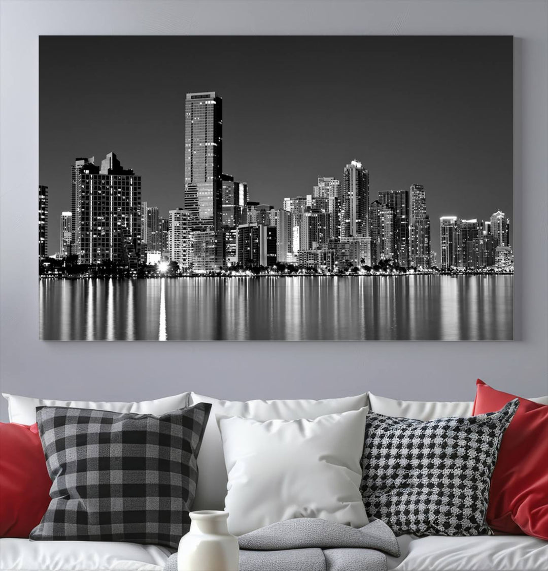 The Miami City Wall Art Canvas Print, a stunning triptych of the Miami skyline, elegantly hangs in this modern living room.