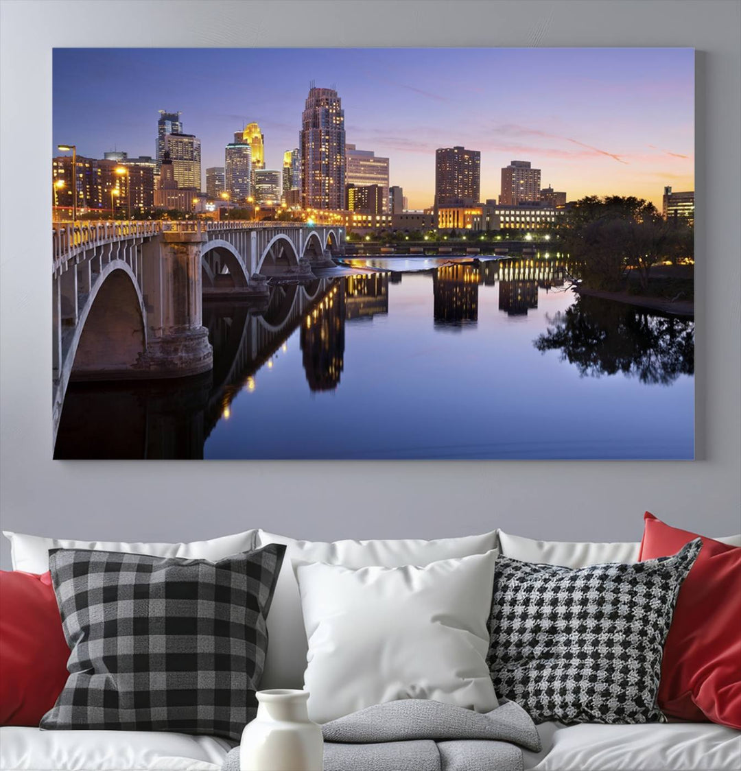 Display the Minneapolis Wall Art Canvas Print, featuring the Minnesota cityscape at dusk, on gallery-wrapped, museum-quality canvas.