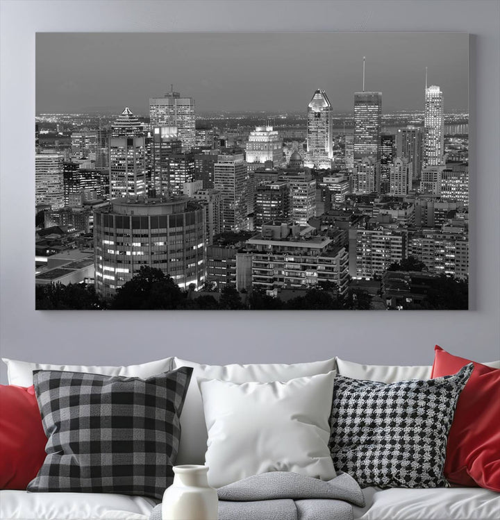 The gallery-wrapped, museum-quality canvas print features the Montreal Canada City Wall Art, showcasing a cityscape at night in black and white.