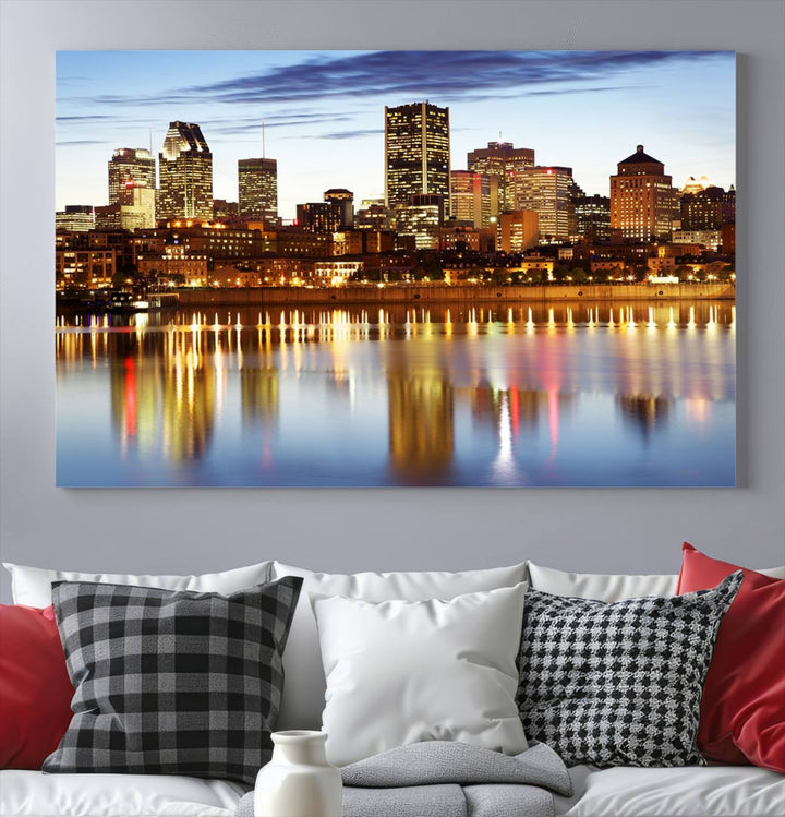 A Montreal Canada City Wall Art Canvas Print, depicting the cityscape at dusk and reflecting in calm waters, is crafted with museum-quality canvases and a UV-protective coating. This remarkable piece guarantees vibrant colors that remain stunning and ready to hang for years to come.