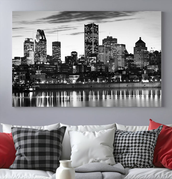 The contemporary living room features the Montreal Canada City Wall Art Canvas Print, an elegantly gallery-wrapped triptych on museum-quality canvas, prominently hung above.