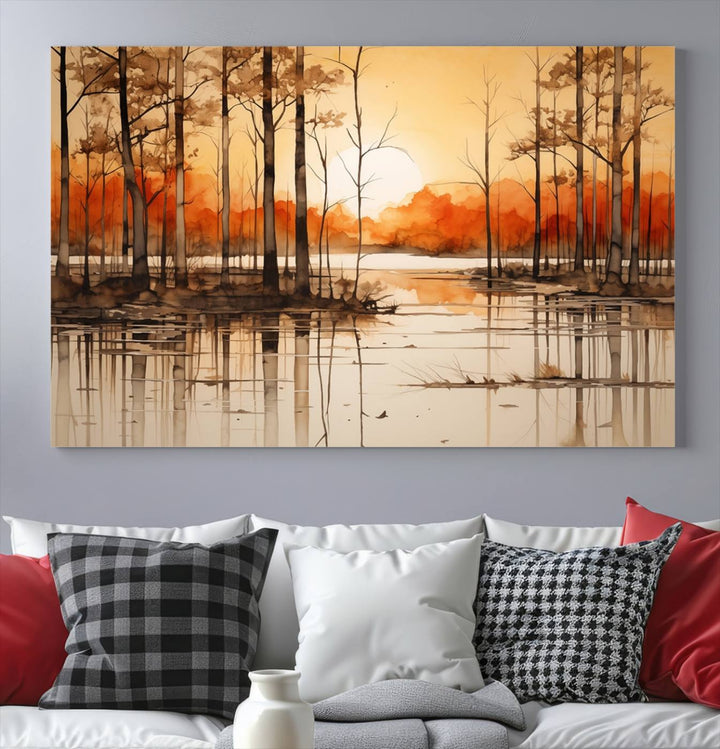 An Abstract Watercolor Trees and Sunset on Lake Wall Art Canvas Print, created on museum-quality canvas.