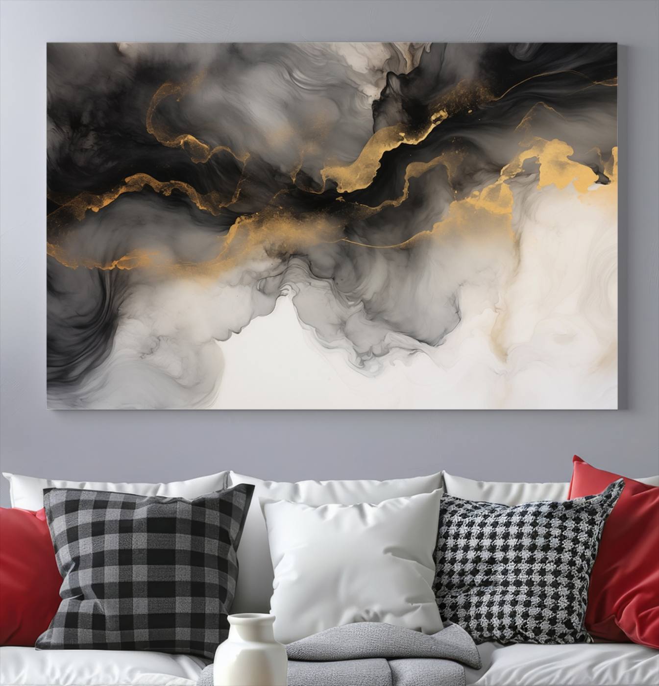 Brown Smoke Art Canvas Print for Living Room Home Decor graces a dark wall.