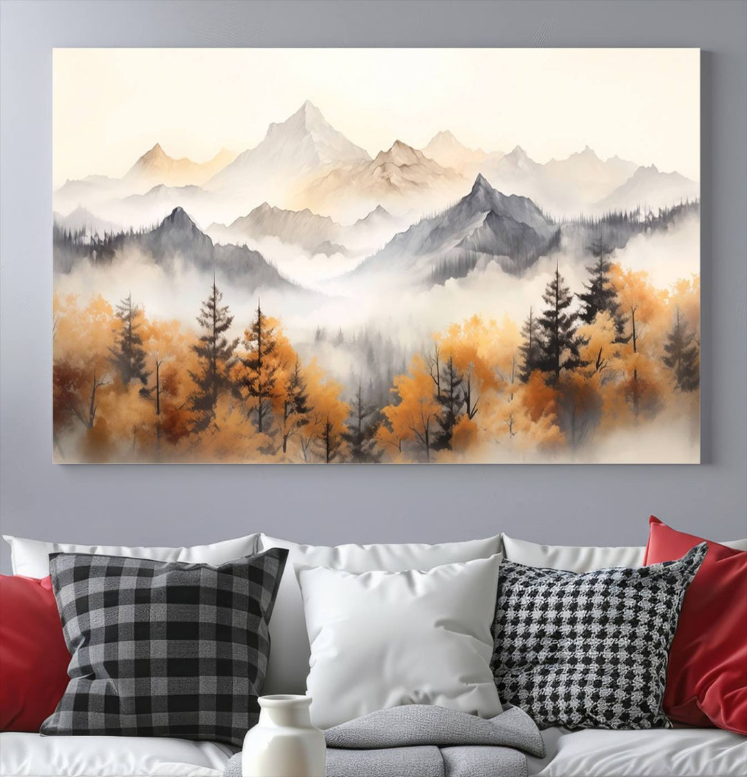 Art mural abstrait aquarelle montagnes et arbres automne