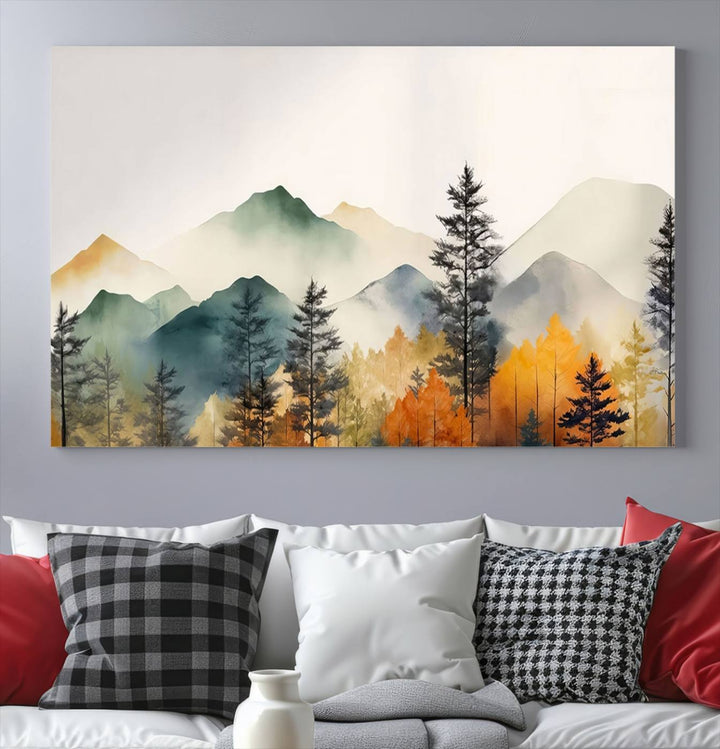 The Abstract Watercolor Mountains and Trees Autumn Wall Art, crafted on museum-quality canvas, decorates the space with its stunning triptych design. This wall art features autumn-colored mountains and trees, expertly gallery wrapped for a seamless and elegant addition to your living room.