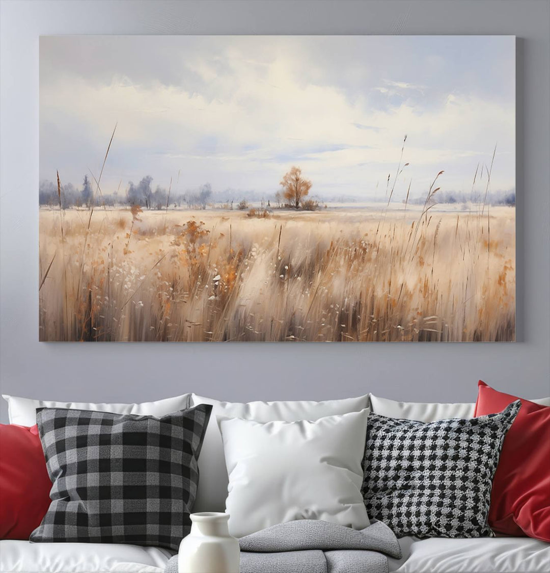 The modern living room features the Golden Fields Canvas Wall Art Print – Serene Landscape of Nature’s Tranquility in Minimalist for Farmhouse Decor, showcasing serene golden fields that enhance the calming ambiance.