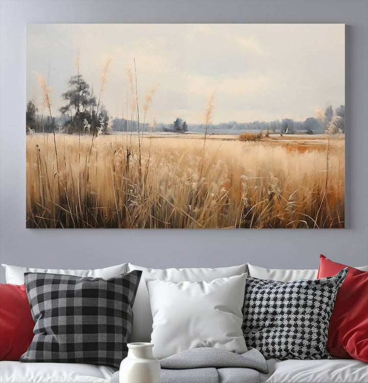 A Wildflower Field Landscape Oil Painting, showcasing a vintage art print of a serene field with tall grasses and distant trees, is beautifully presented on museum-quality canvases with gallery-wrapped edges.