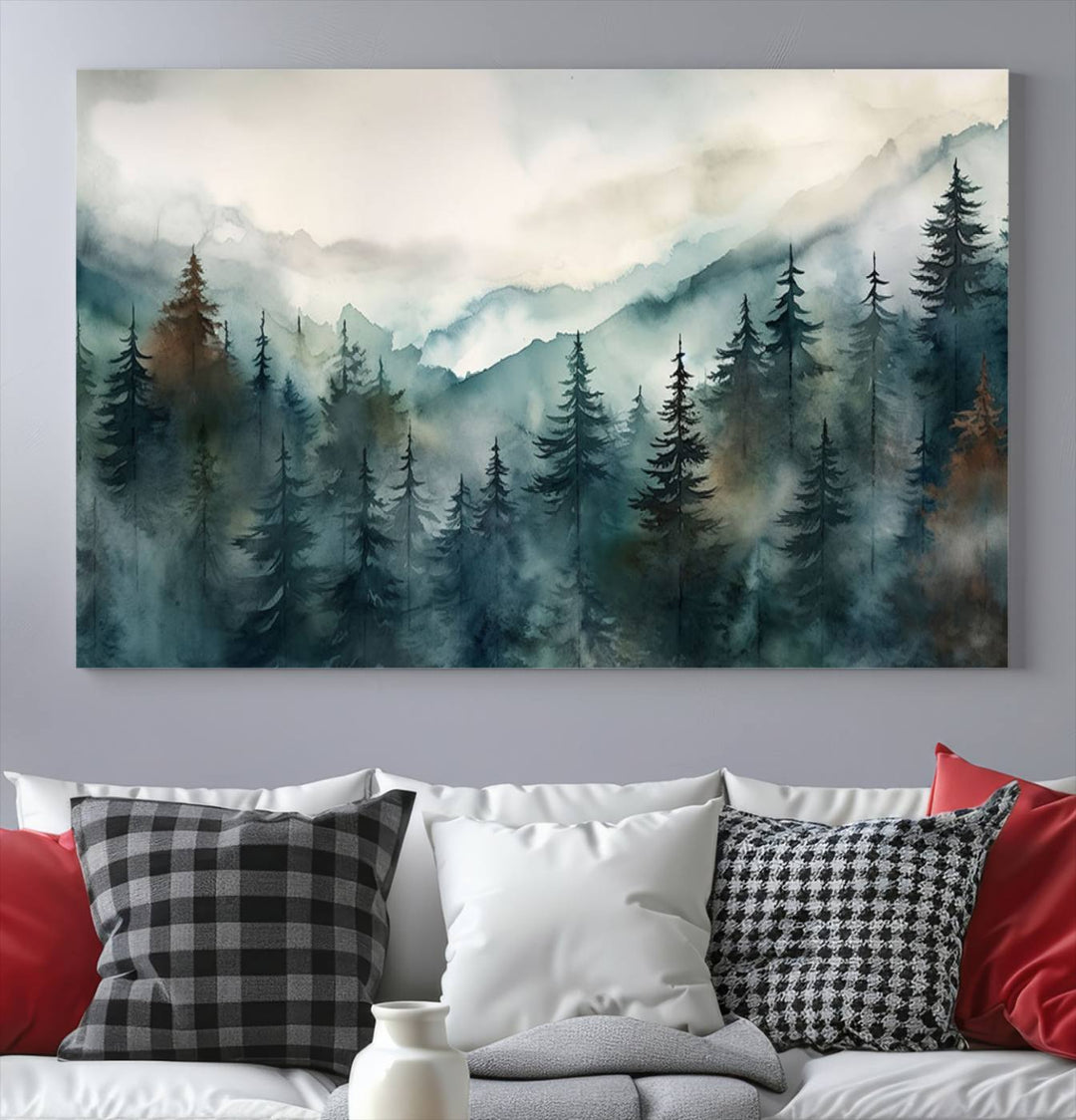 A set of Serenity Forest Wall Art Canvas prints, showcasing foggy mountain landscapes, is displayed in the living room.