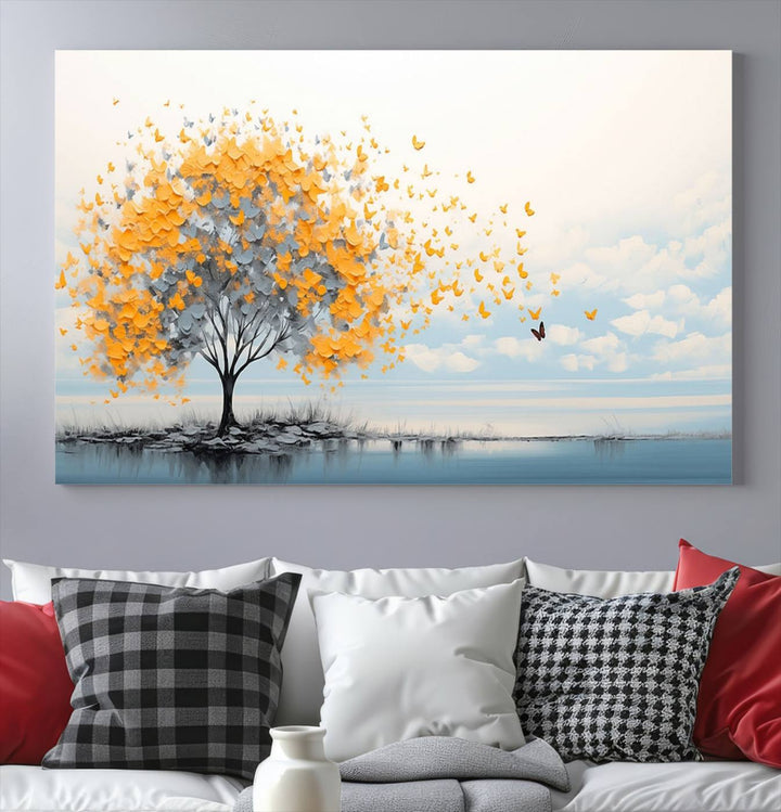 Abstract tree with yellow butterflies canvas wall art in a modern living room setting.