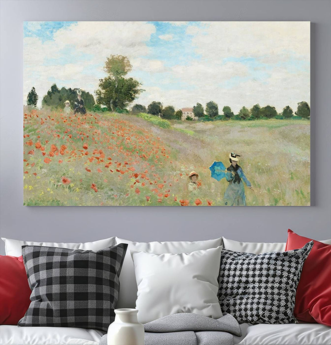 The Claude Monet The Poppy Field Canvas Print features a scene of a serene meadow with blooming flowers and a woman and child. It is printed on museum-quality canvas with UV-protective coating.