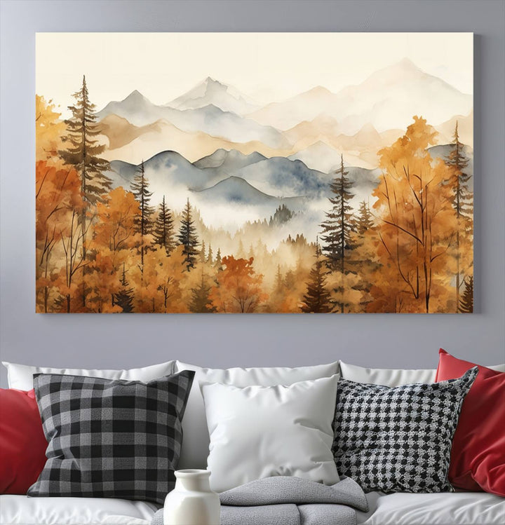 Abstract Mountain Mist Canvas Wall Art – Tranquil Autumn Forest and Misty Peaks - Ready to Hang