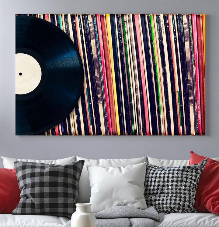 The room showcases the "Vinyl Record and Album Collection Canvas Wall Art," a perfect retro music decor piece for vintage vinyl lovers.