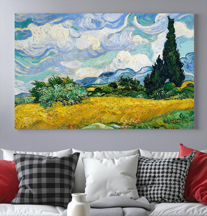 A contemporary living room features a large triptych of "Wheatfield With Cypresses By Van Gogh Painting Wall Art Canvas Print." Crafted on museum-quality canvas, this artwork brings a sense of elegance and craftsmanship reminiscent of professional artistry.