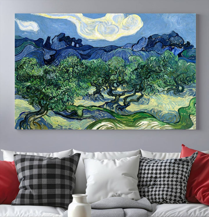 The Olive Trees Van Gogh Wall Art Canvas Print enhances the living room with its vivid landscape on museum-quality canvas, complete with a UV-protective coating.