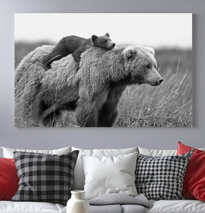 Baby Bear and Mom Bear Family Black & White Canvas Print Wall Art Canvas