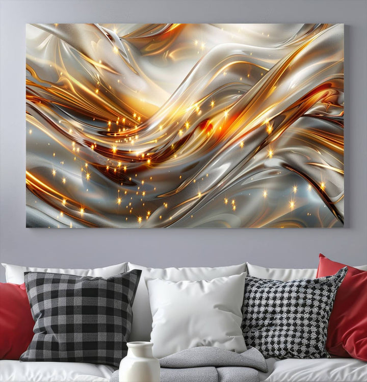 The Elegant Modern Gold Abstract Wall Art - Premium Framed Canvas Print for Home & Office Decor showcases a captivating triptych with swirling metallic designs and golden sparkles, perfectly enhancing contemporary interiors.