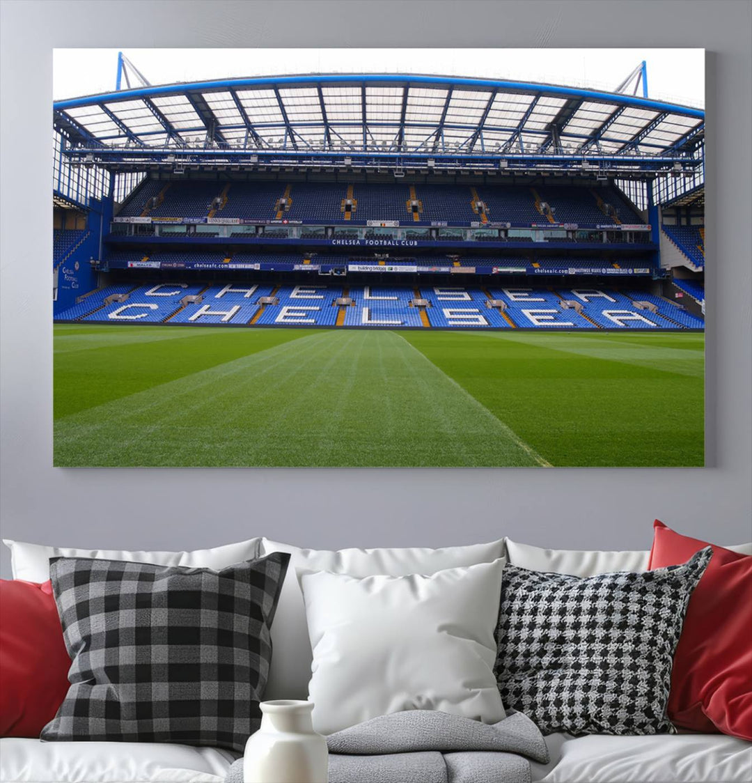 The Chelsea FC Soccer Team Print - Stamford Bridge Stadium Wall Art Canvas Print hangs elegantly, bringing the thrill of the game into your living room.