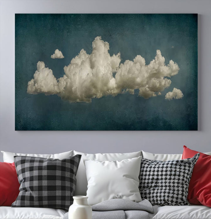 The Vintage Green Clouds Wall Art Canvas Print, set against a teal backdrop, showcases breathtaking canvas artwork with a gallery-quality finish.