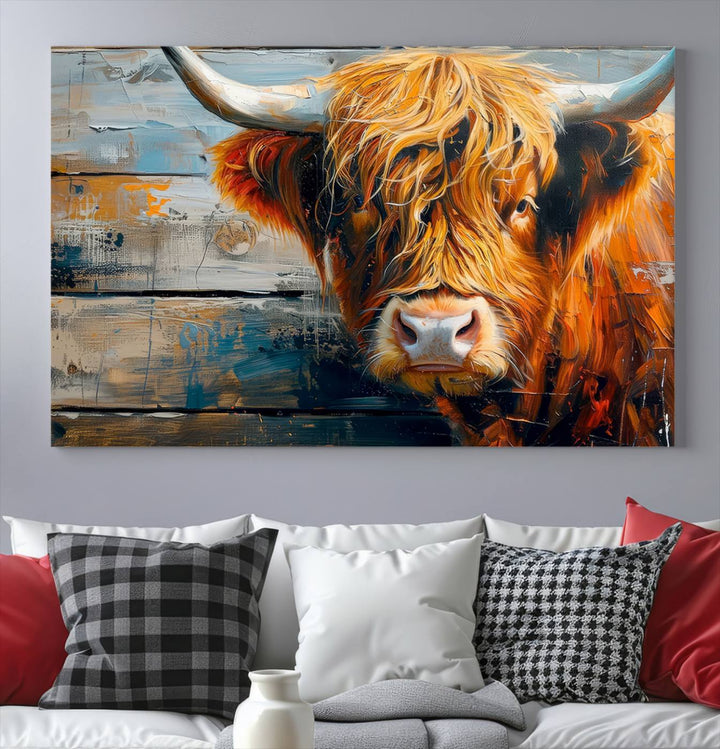 The Highland Cow Abstract Canvas Wall Art, a bold piece of farmhouse rustic decor, adds charm to the modern living room.