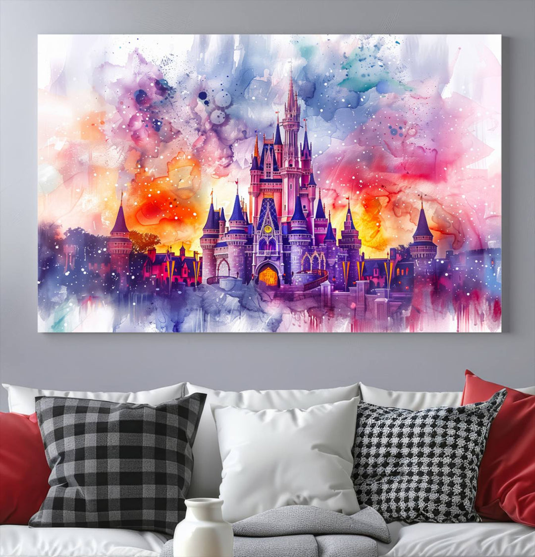 A vibrant piece of wall art depicting the Cinderella Castle from Disneyland, presented as a watercolor painting on premium canvas, is displayed.