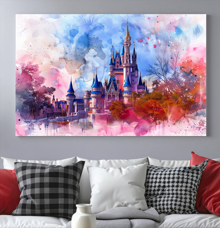 The Disney Wall Art: Dreamy Watercolor Cinderella Castle Canvas Print features a fairy-tale castle with vibrant pink, blue, and purple hues. Expertly handmade in the USA, this premium canvas wall art adds a touch of enchantment to any room.