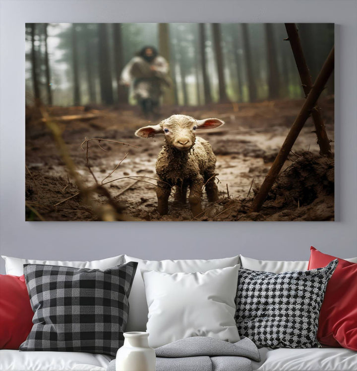 Jesus Running After a Lost Lamb Canvas Wall Art Print