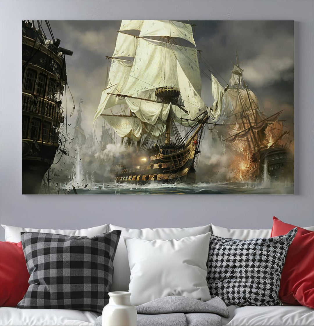 The Pirate Ship War Wall Art Canvas Print, featuring a stunning three-panel depiction of an intense sea battle with tall ships, boasts a gallery-quality finish that adds an elegant touch to its display.