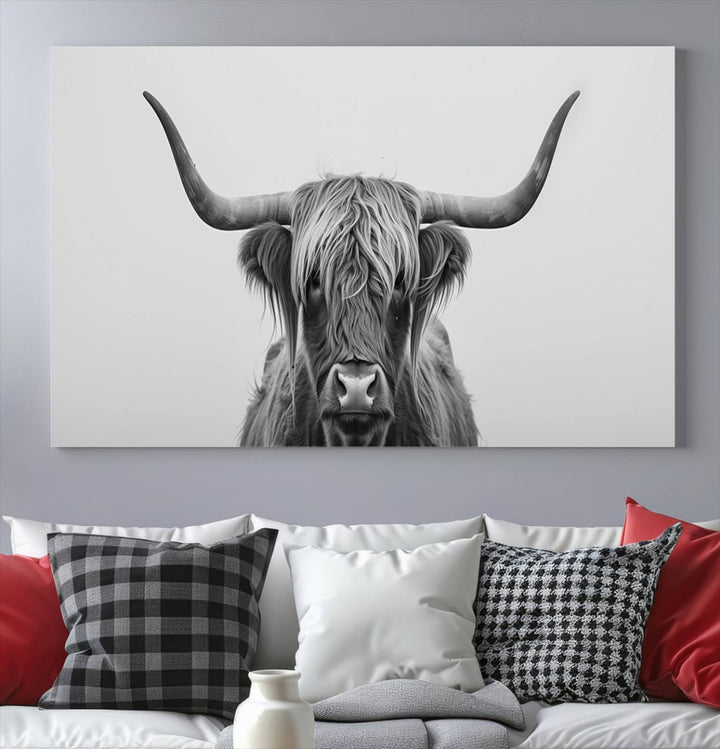 A triptych titled "Farmhouse Longhorn Wall Art Canvas Print, Longhorn Texas Wall Art Canvas Print," rendered in a gallery-quality finish, hangs prominently on the wall.