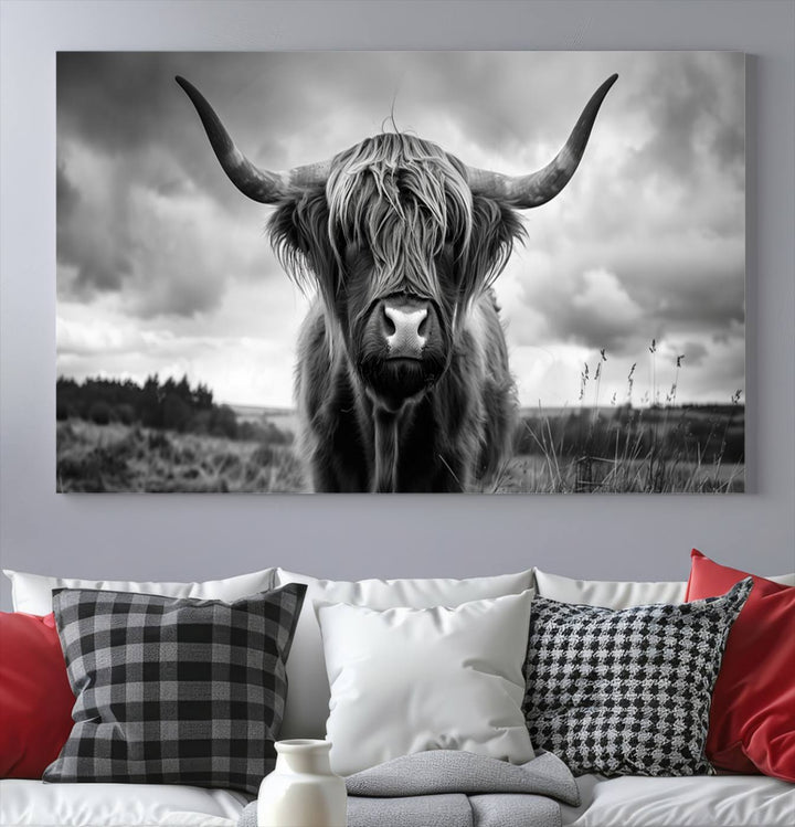 A stunning gallery-quality piece, the "Scottish Cow Wall Art Canvas Print | Longhorn Wall Art | Bighorn Animal Wall Art," depicts a Highland cow with long horns and shaggy fur. This captivating wall art elegantly enhances the space.