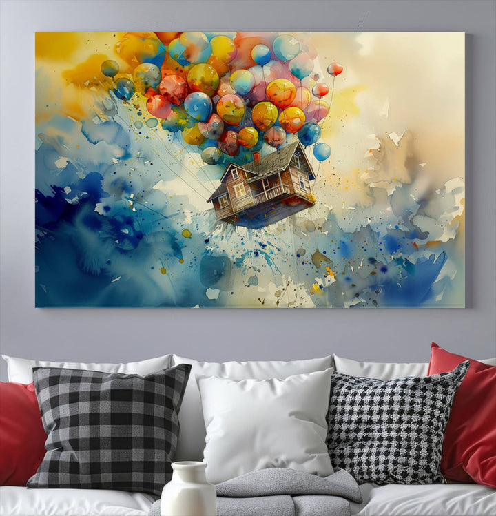 The Cartoon Movie Wall Art Canvas Print, featuring a vibrant house lifted by balloons and split across three panels, serves as captivating wall art. Handmade in the USA, it adds charm and whimsy to any space.