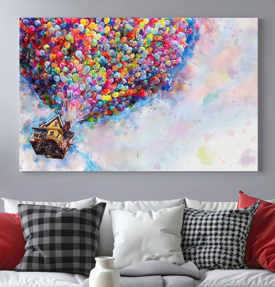 The "Watercolor Cartoon Movie Balloons Canvas Print" is showcased, depicting a whimsical house being lifted by colorful balloons. This triptych wall art is crafted on museum-quality canvases with a UV-protective coating to maintain its vibrant colors, making it ready to hang in any room.