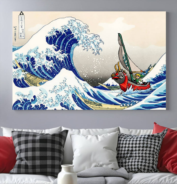 The Katsushika Hokusai Kanagawa Giant Wave Wall Art Canvas Print, featuring iconic Japanese art, brings a touch of modern artistry to the living room.