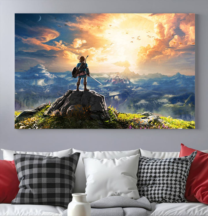 The Legend of Zelda Breath of the Wild Game Wall Art Canvas Print showcases a fantasy landscape with a character on a cliff, all rendered in gallery-quality finish on premium canvas.