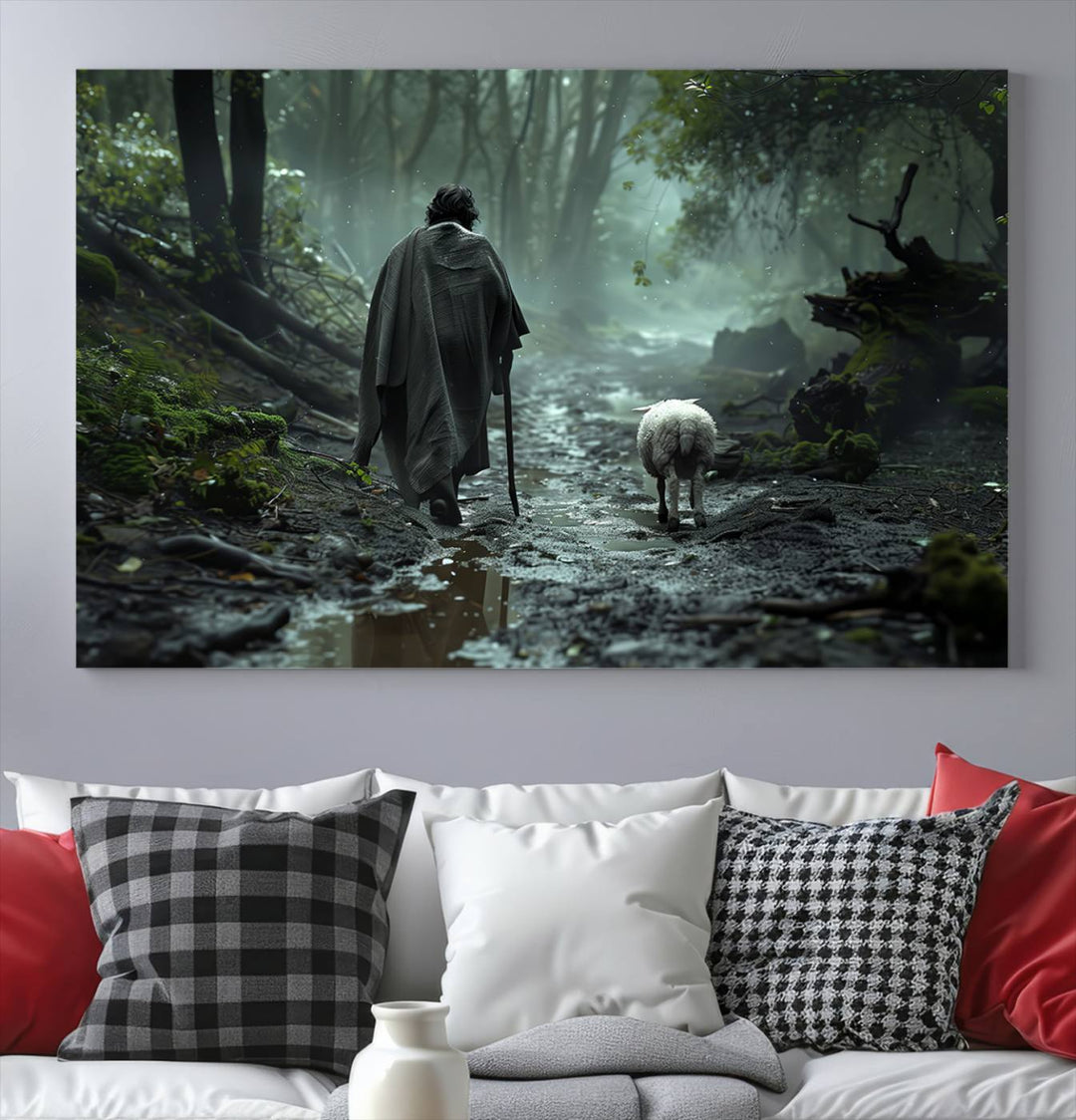 The "Forest Jesus Shepherd Canvas Wall Art" features a person with a cane, clothed in a cloak, walking beside a sheep through a misty forest. This piece captures tranquility and is ideal for adding serenity to your living room, office, or bedroom decor.