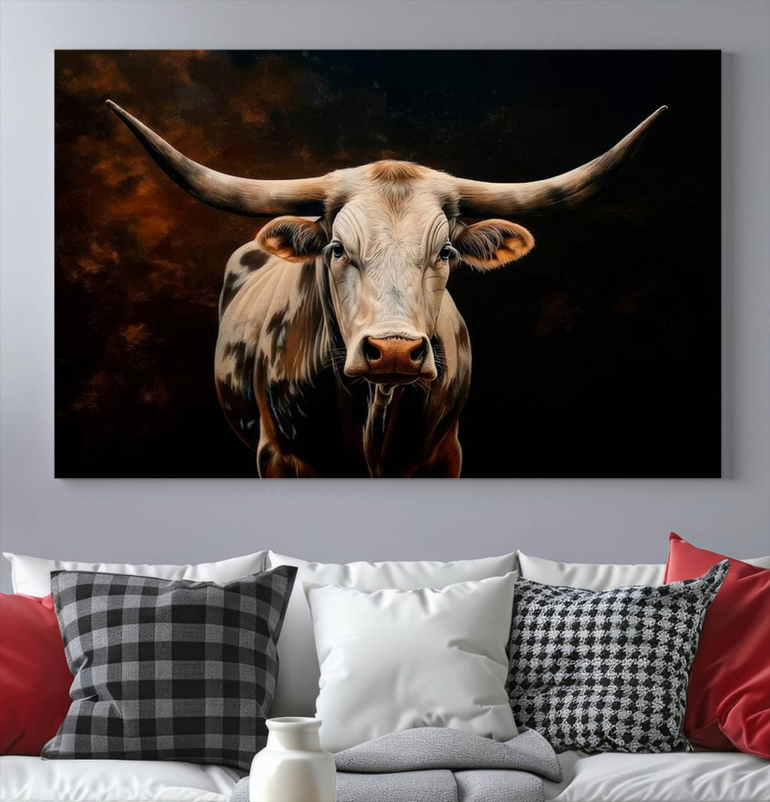 The Texas Longhorn Wall Art, a 3-panel large canvas print, infuses the room with a dash of cowboy charm.