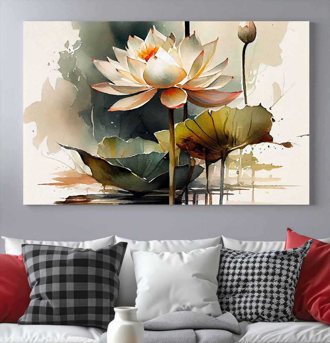 The Lotus Flower Watercolor Canvas Print, a contemporary wall art piece symbolizing serenity and growth with its soft watercolors, adorns the wall.