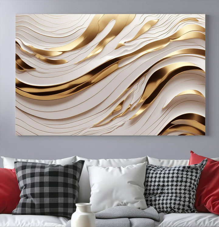 The "Gold and White Abstract Wave Canvas – Elegant Flowing Design with Luxurious Golden Accents" beautifully enhances the area and creates a stunning focal point in the room.