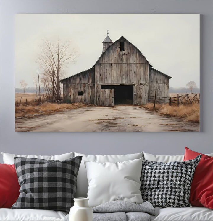 A framed and ready-to-hang Farmhouse Rustic Barn Wall Art Canvas Print is displayed against a gray wall. This stylish modern living room seamlessly combines rural life wall décor with contemporary comfort.