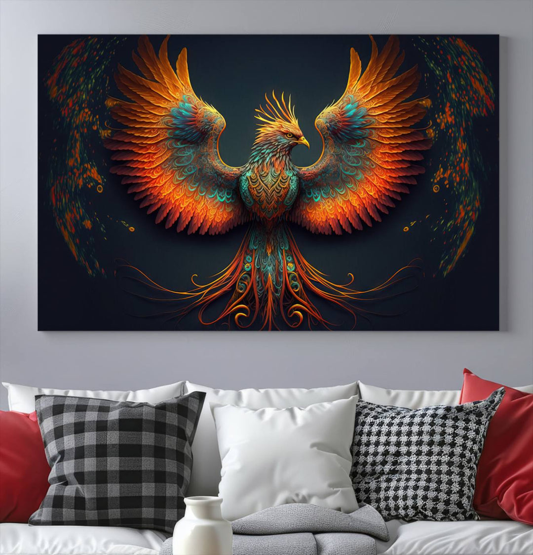 The Majestic Phoenix Wall Art Canvas Set, a fiery symbol of rebirth and strength, graces the wall.