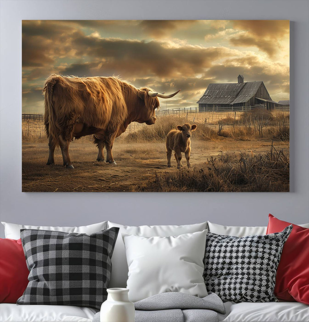 The living room features the "Highland Cow Canvas Wall Art Animal Print Pictures Fluffy Cattle Art," which captures a cow and calf in a rural sunset scene, adding gallery-quality charm.