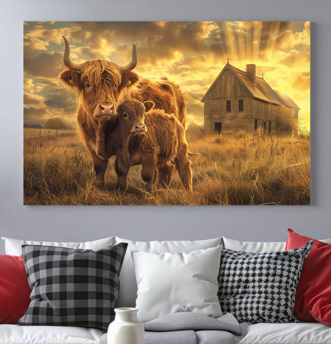 The room features the Barn and Highland Cow Canvas Wall Art Animal Print, a three-panel canvas depicting cows in a sunset field with a rustic barn backdrop. This handmade piece brings charm and character with its gallery-quality finish.