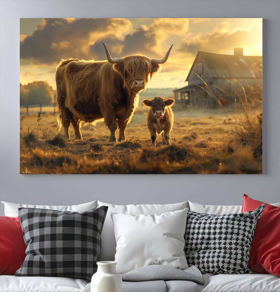 The "Highland Baby Cow Canvas Wall Art Animal Print" triptych art piece showcases a cow and calf in a sunlit field with a barn in the background.