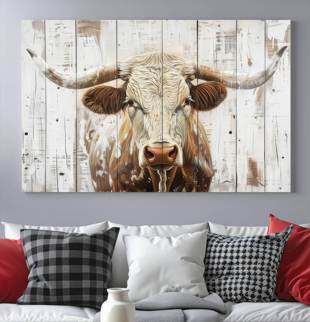 The dimly lit room is enhanced with Western charm by the Rustic Longhorn Bull Wall Art Canvas Set—Western-Inspired Farmhouse Décor, elegantly displayed on the wall.