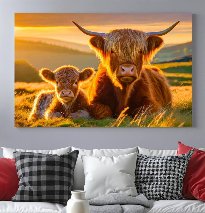 The living room showcases a gallery-quality finish with the Scottish Cow and Baby Cow Canvas Wall Art, featuring a charming animal print of fluffy cattle as the centerpiece. This stunning piece is displayed on premium canvas, creating an inviting atmosphere.