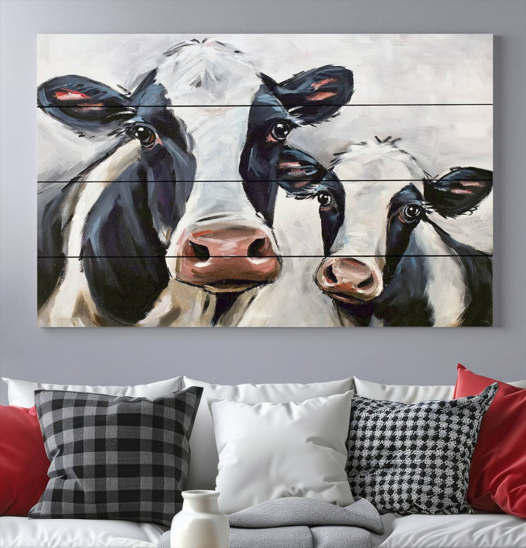 The Vintage Baby and Mom Cattle Wall Art Canvas Print is prominently displayed, adding a touch of contemporary and farmhouse decor to the modern living room.