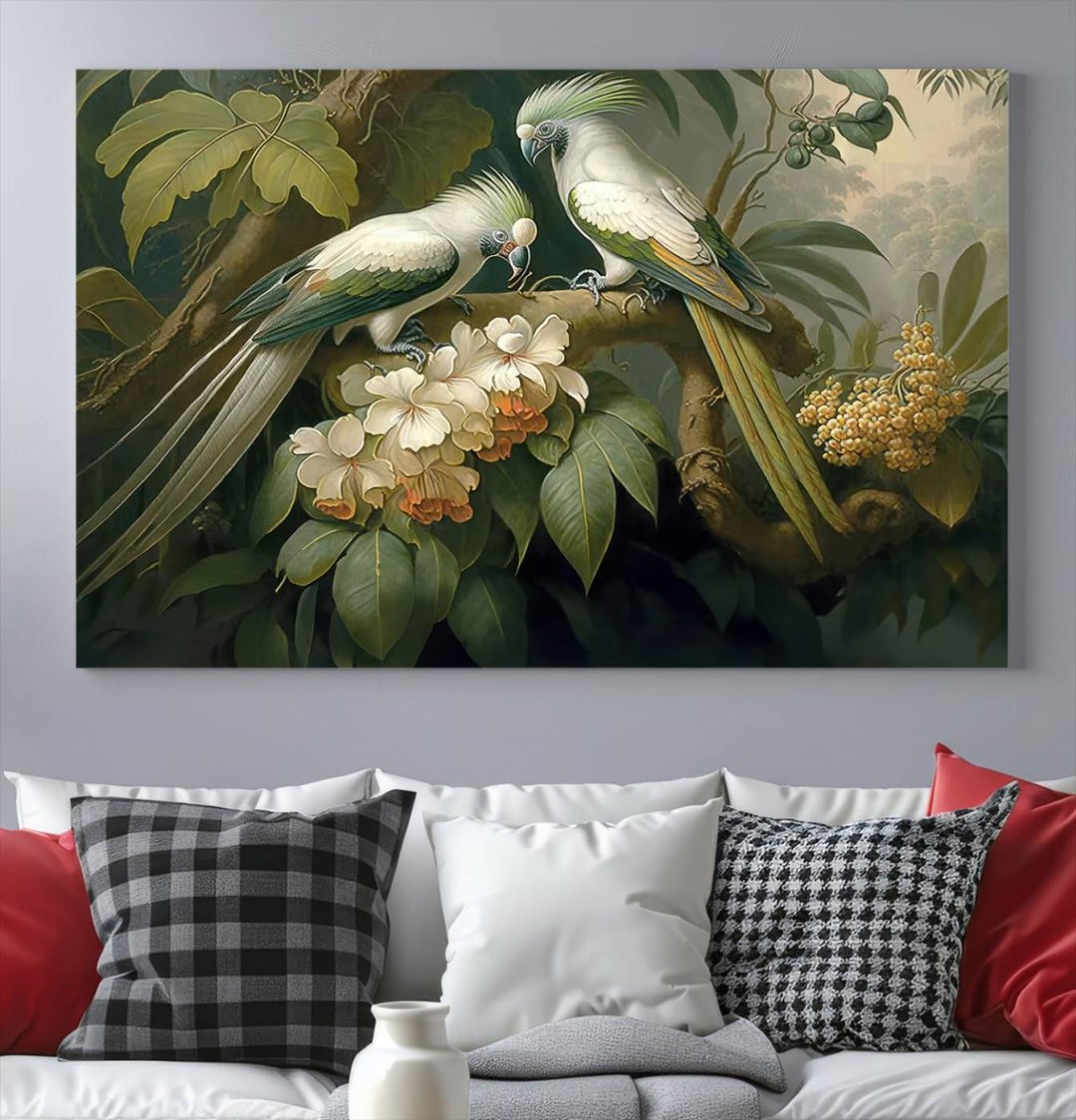 Crafted in the USA, this Tropical Paradise Print wall art features a stunning parrot amidst a lush forest and beautiful flowers.