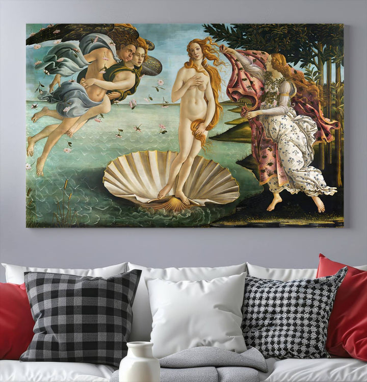 A gallery-quality finish graces the triptych of "The Birth of Venus Sandro Botticelli Reproduction Canvas Print Classic Print," elegantly showcased as a stunning centerpiece. This exquisite canvas artwork enhances the living room's decor, serving as an eye-catching focal point in the space.