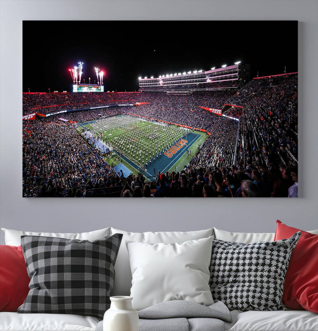 Ben Hill Griffin Stadium Night Game Triple Canvas Wall Art - Florida Gators Football Match