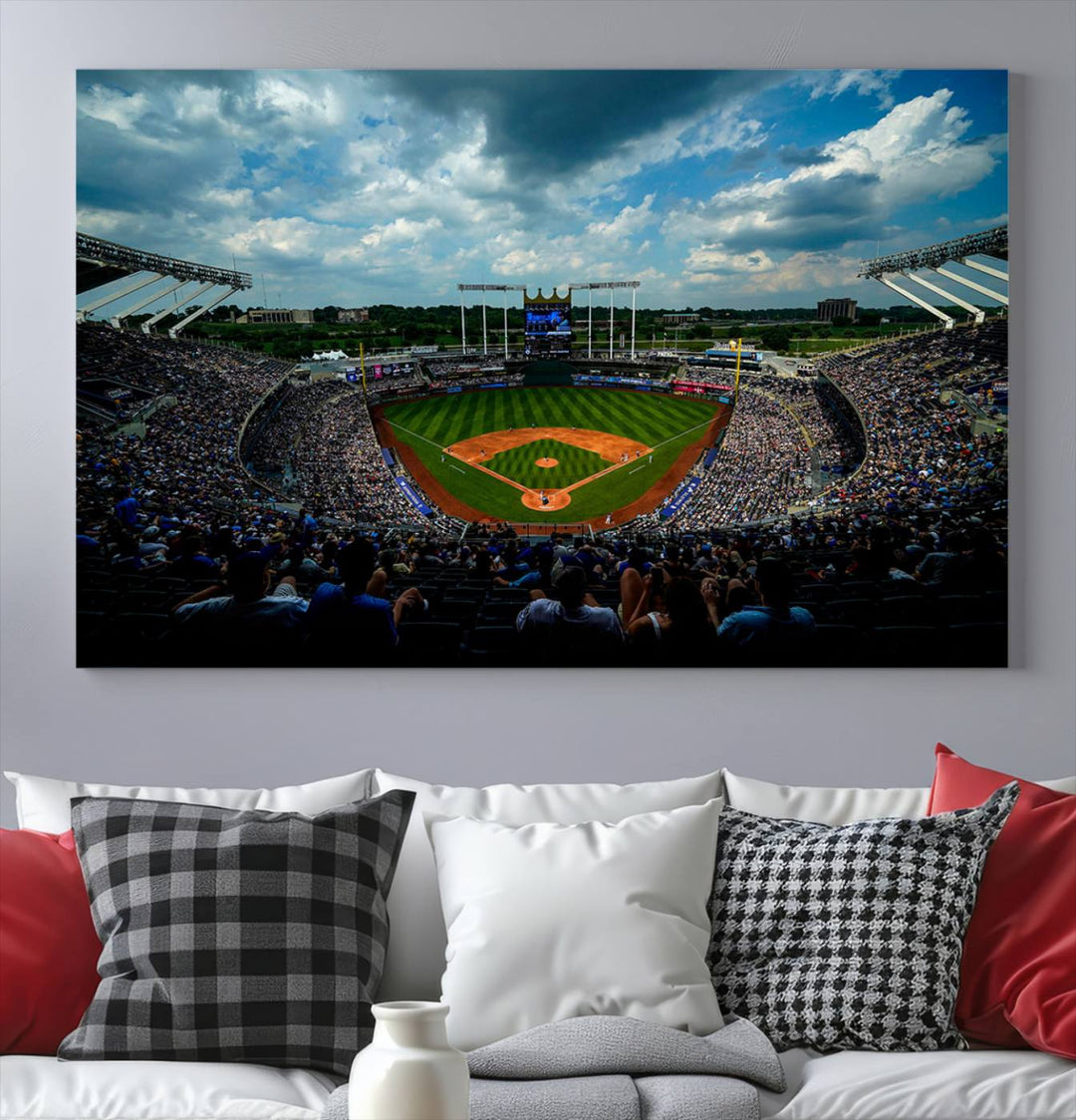 Kauffman Stadium Day Game Triple Canvas Wall Art - Kansas City Royals MLB Match